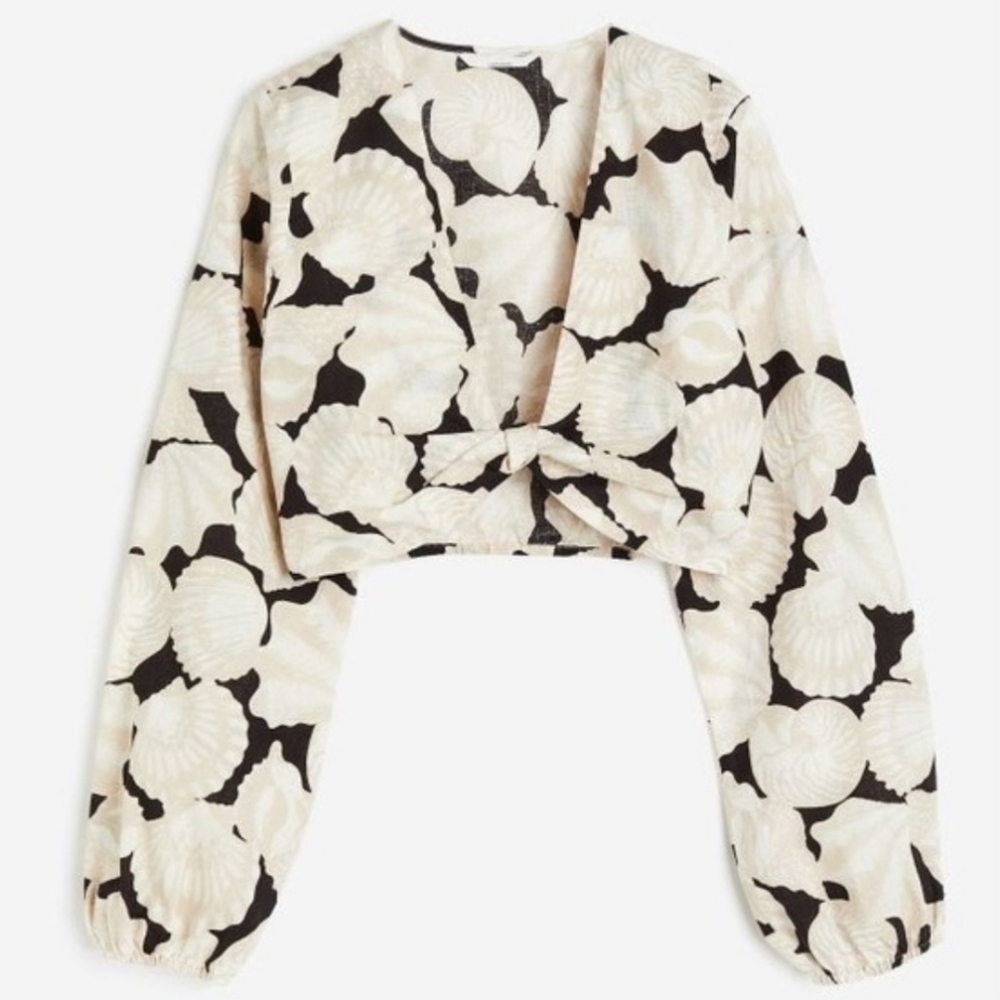 H&M Black & Cream Seashell Linen Blend Long Sleeve Cropped Top Women's XS EUC